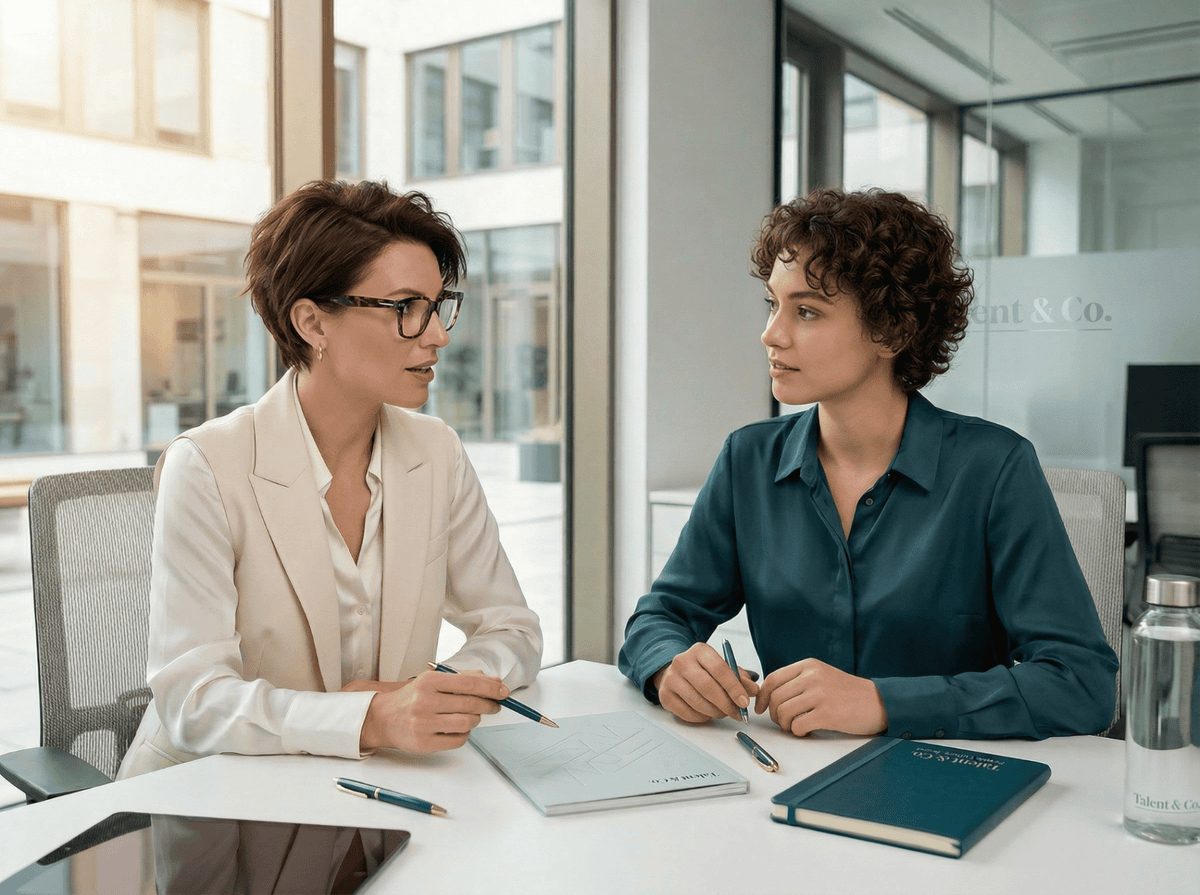 One-to-one career coaching conversation with a professional reviewing their next career step — Talent & Co.