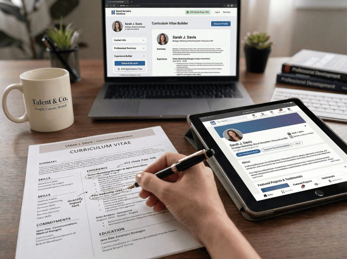Professional CV being reviewed and refined page by page during a CV writing session — Talent & Co.