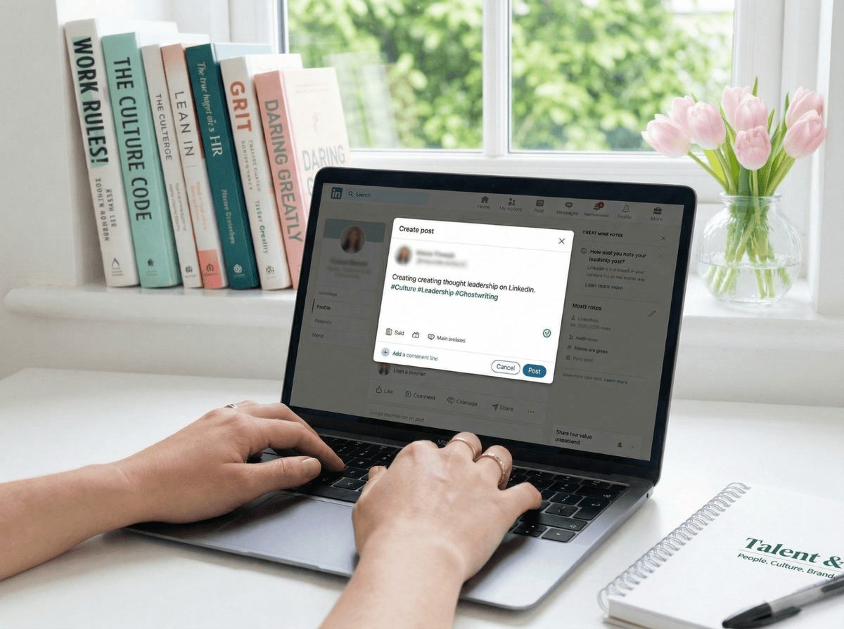 Professional planning and writing LinkedIn thought-leadership content at a workspace — Talent & Co.