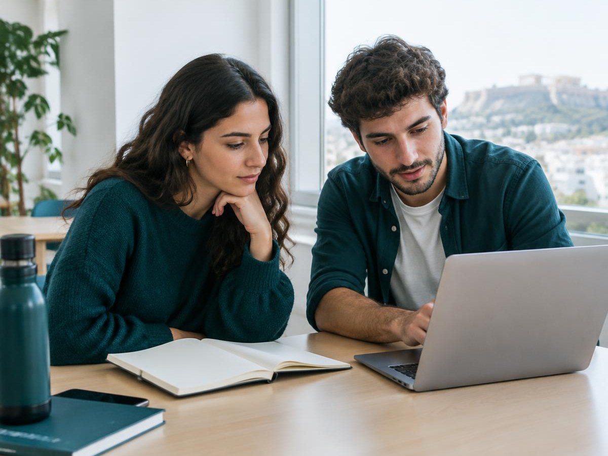 Two young adults reviewing a laptop and notebook at a bright study table.