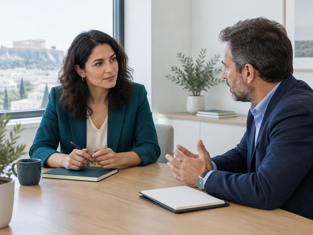 Two professionals in a focused discussion at an office table.