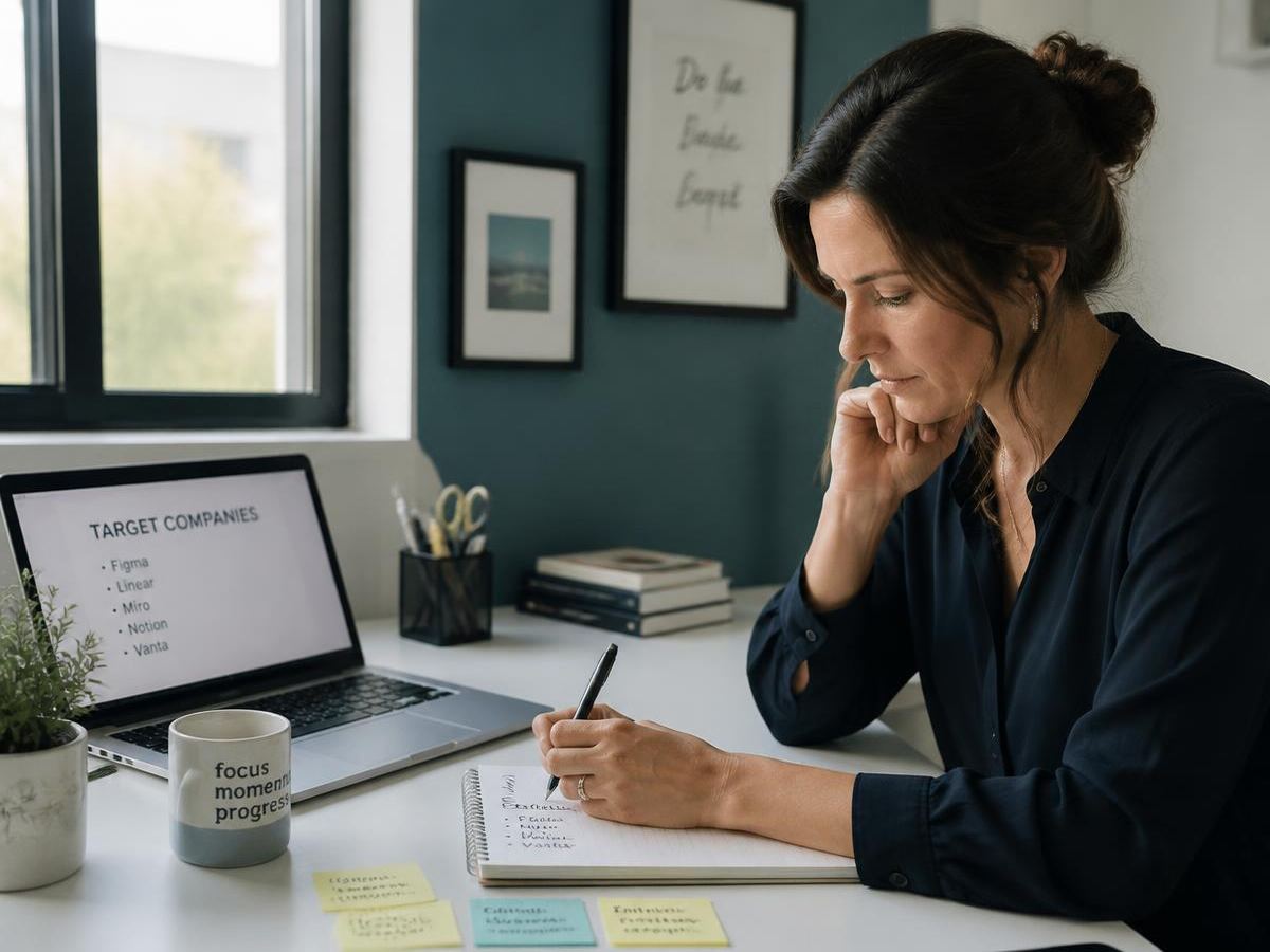Professional planning a structured job search, mapping target companies and weekly actions at a desk — Talent & Co.