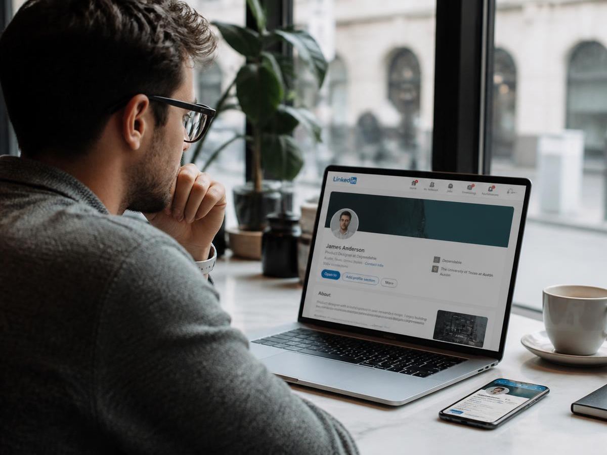Professional reviewing and updating their online professional profile on a laptop — Talent & Co.