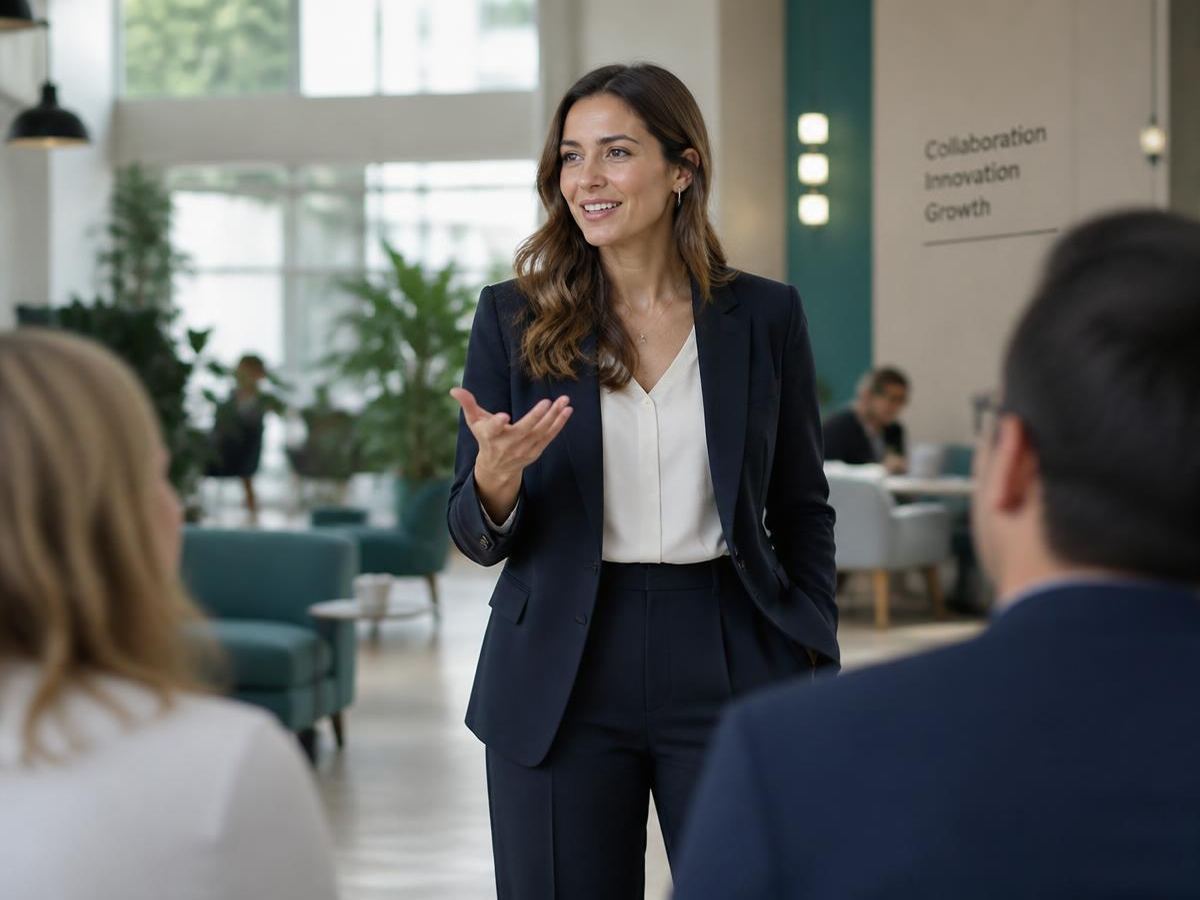 Professional speaking confidently to colleagues in a modern workplace, illustrating professional presence and positioning — Talent & Co.