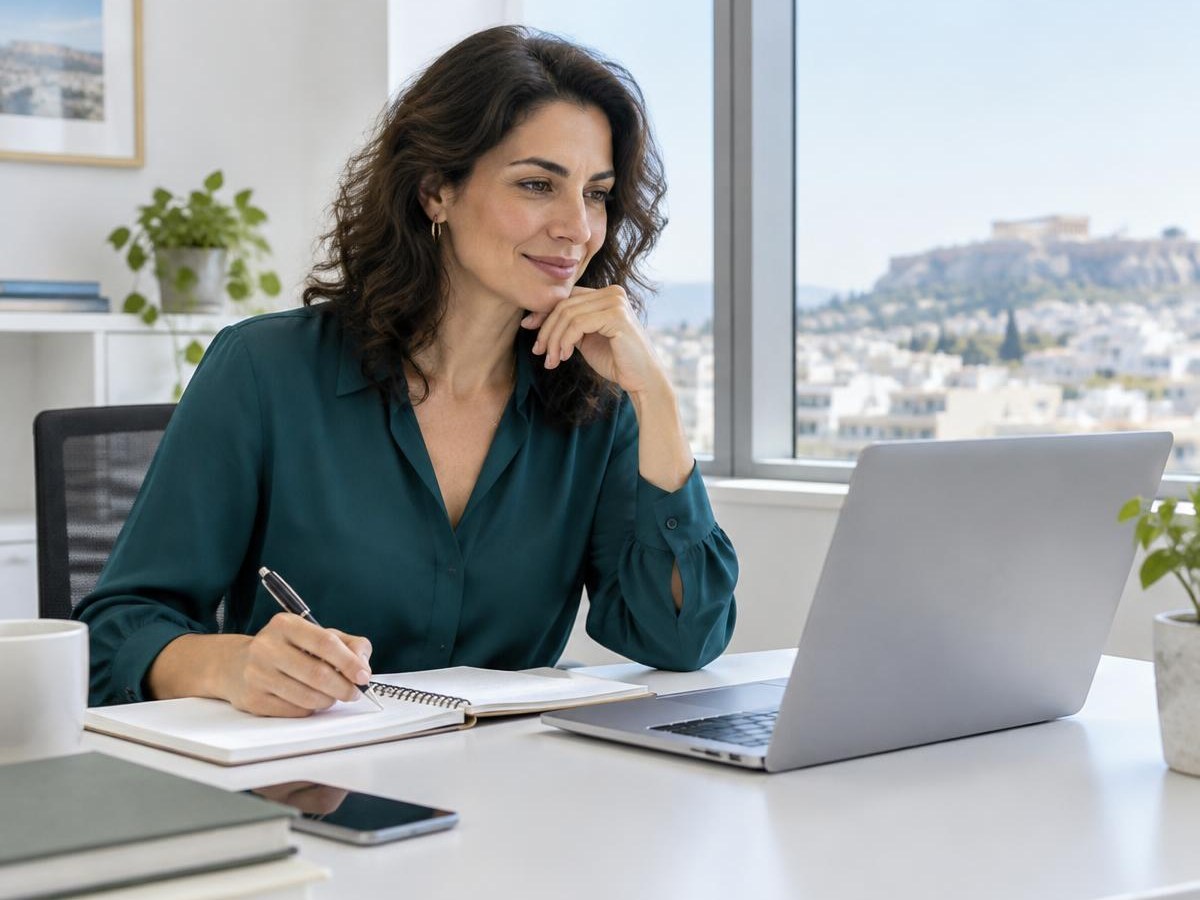 A woman reviewing her plans with a laptop and notebook in a bright office.